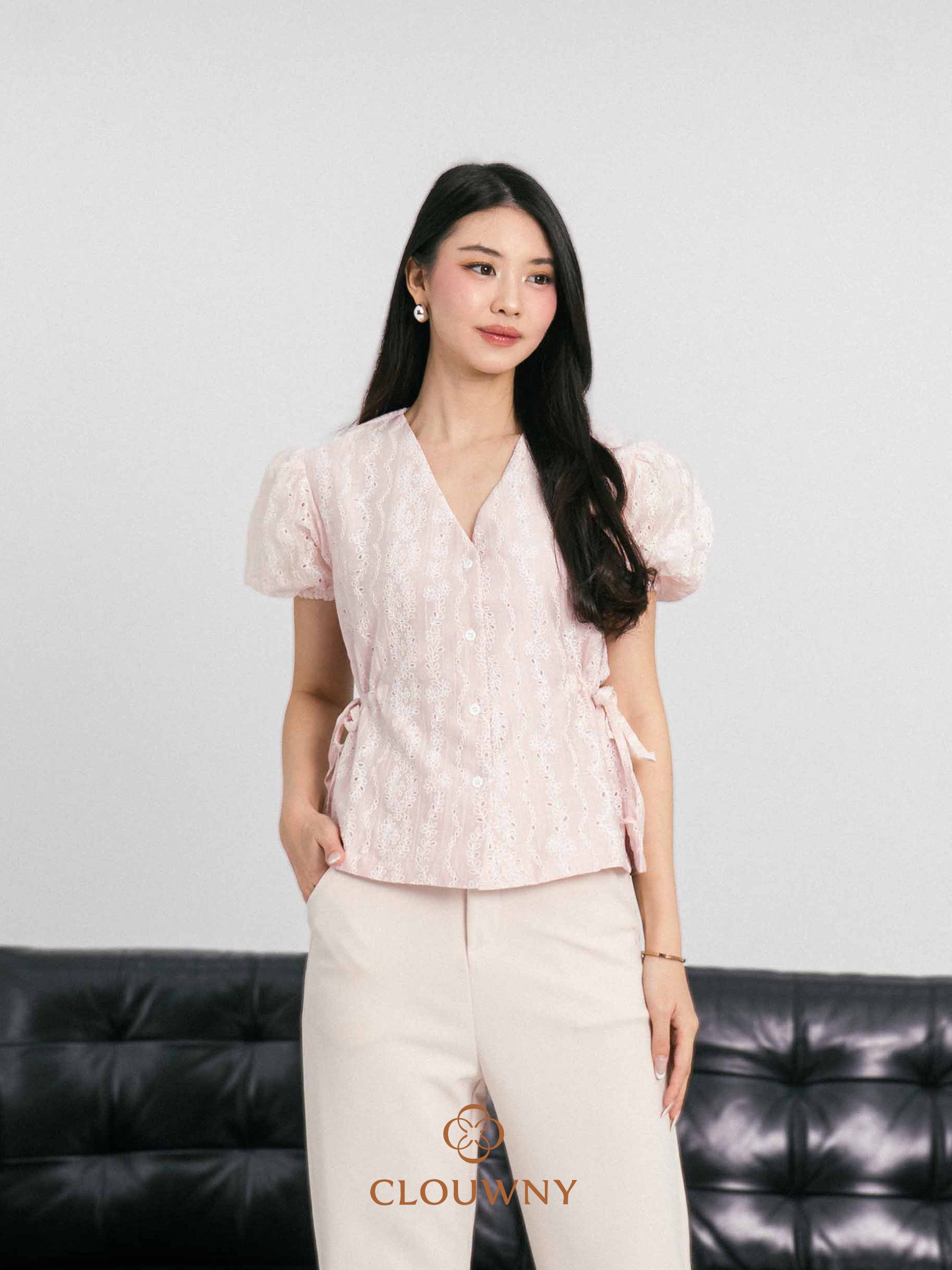 Angela Embroidery Side Drawstring Blouse - Pink